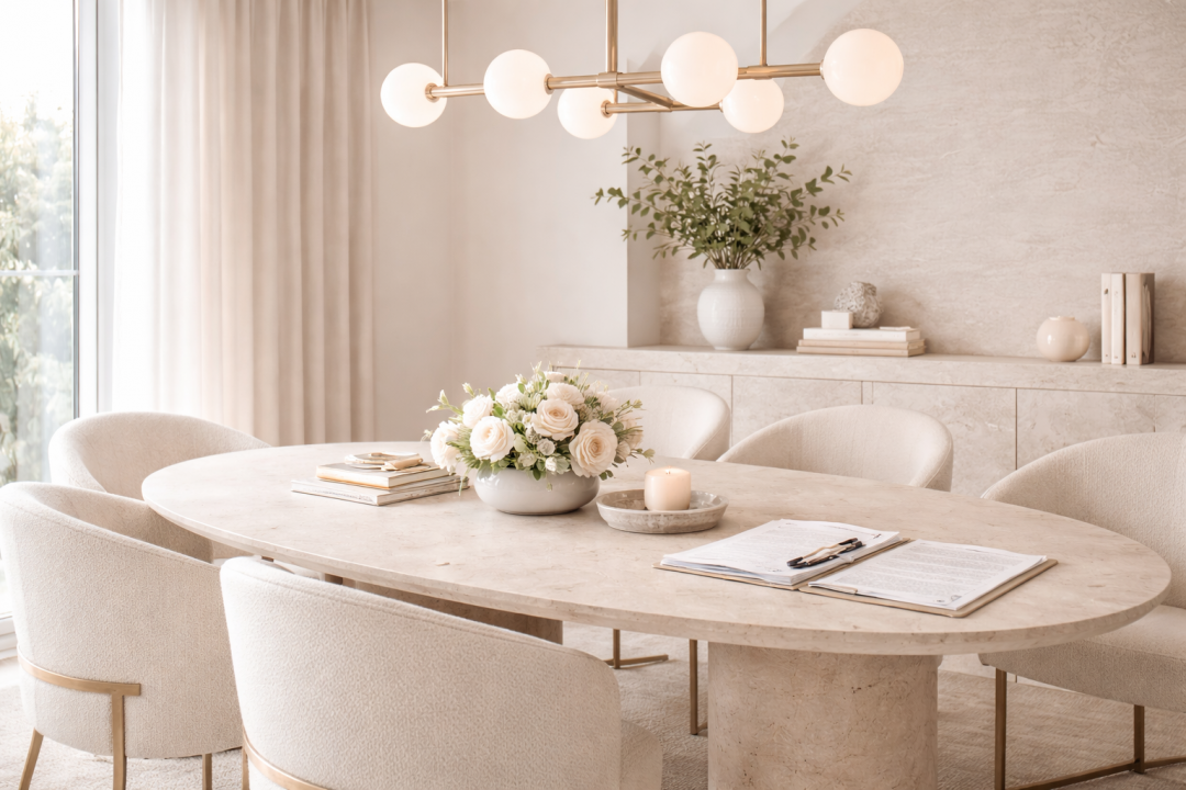 modern elegant dining room oval shaped table sunlit space